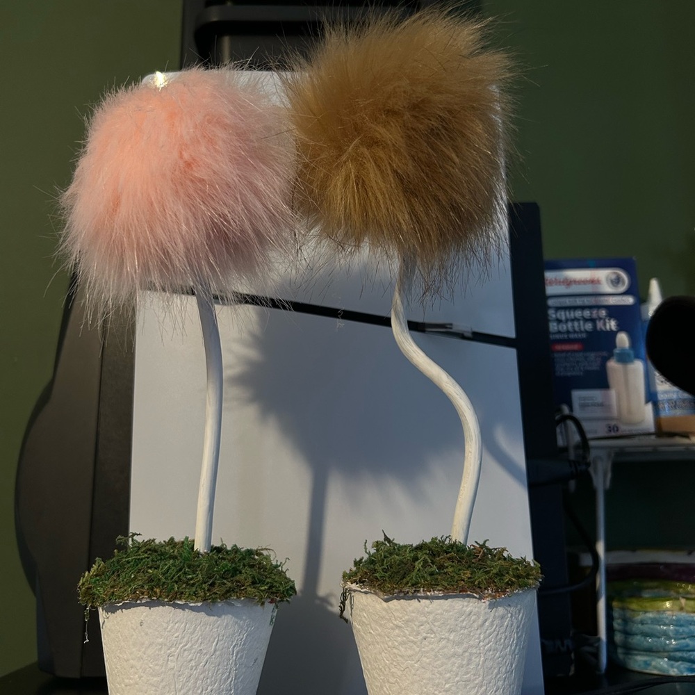 2 Fluffy Pink and Brown Pom Pom Decor